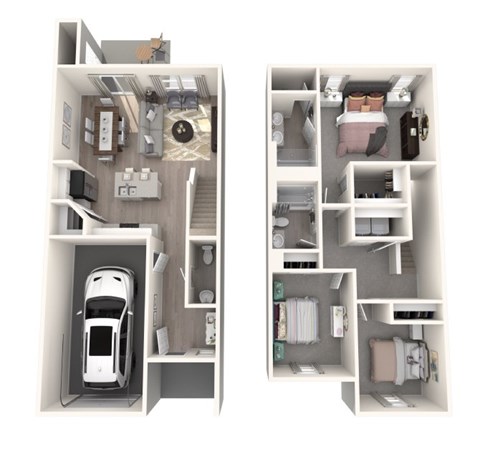 A diagram of a two-bedroom apartment with a car in the garage.